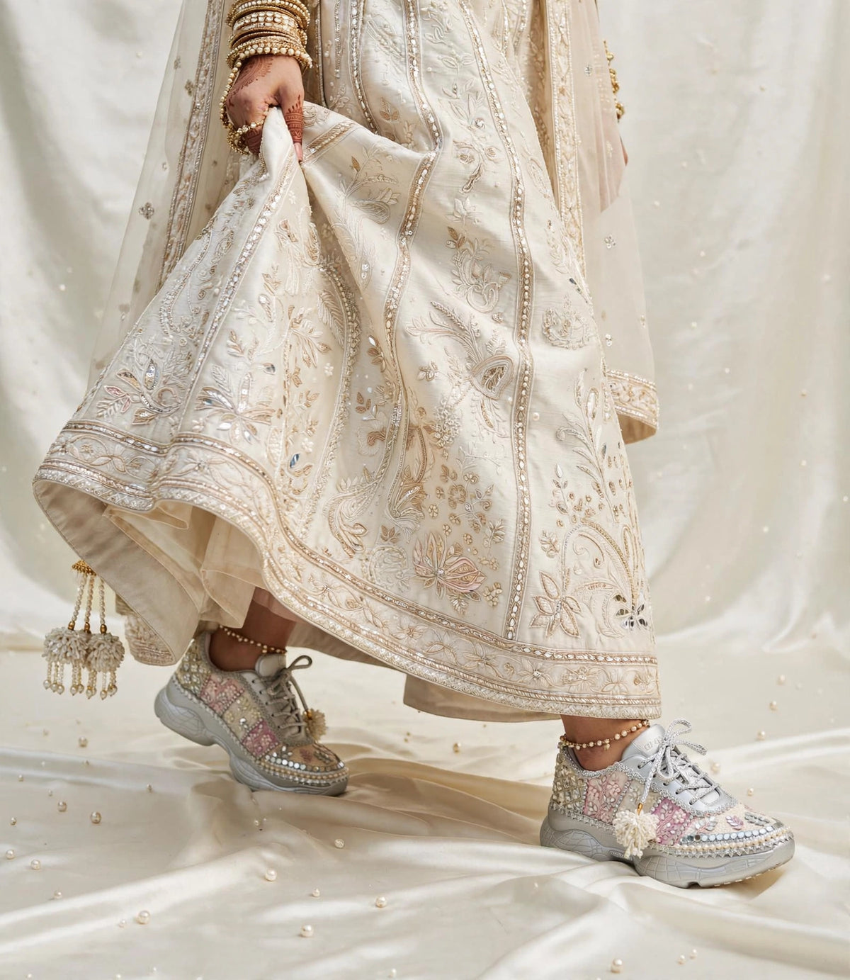 Ivory Blossom - Pearl & Mirror Work Lavender Silver Bridal Sneakers with Latkans