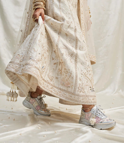 Ivory Blossom - Pearl & Mirror Work Lavender Silver Bridal Sneakers with Latkans