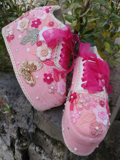 FUNKY N TRENDY Hand embroidered floral theme sneakers - wedge sneakers heeled sneakers/pink sneakers