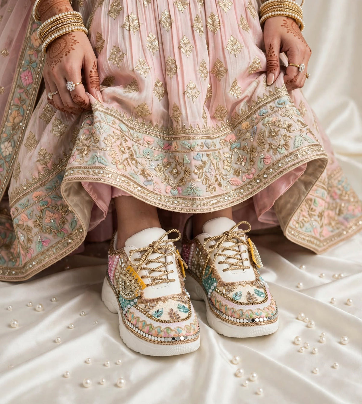 RANG RAAS - Multicolor Hand Embroidered Bridal Sneakers | Mirror Sequin Pearl Wedding Sneakers