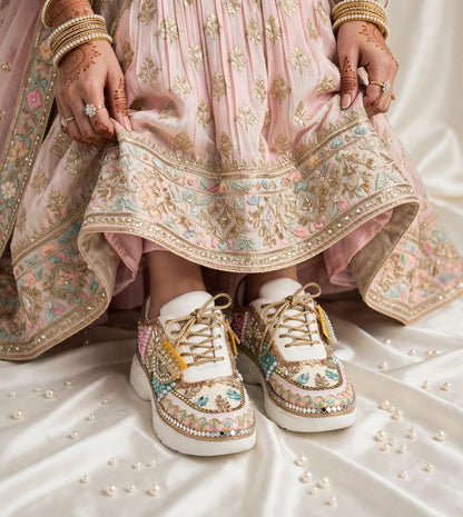 RANG RAAS - Multicolor Hand Embroidered Bridal Sneakers | Mirror Sequin Pearl Wedding Sneakers