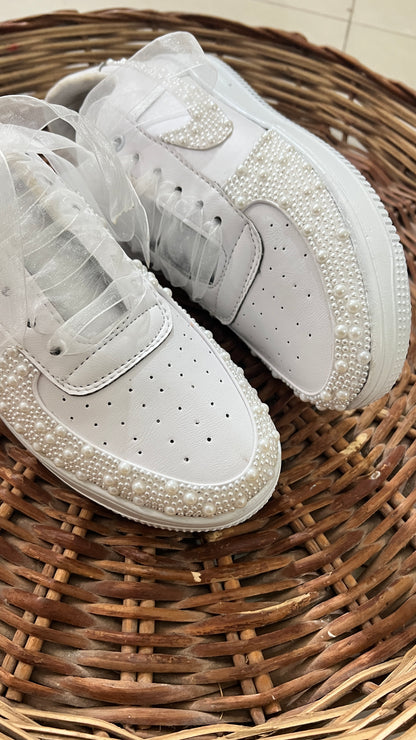 FUNKY N TRENDY “Dance‑all‑night pearl work sneakers” -Custom Name & Date Available