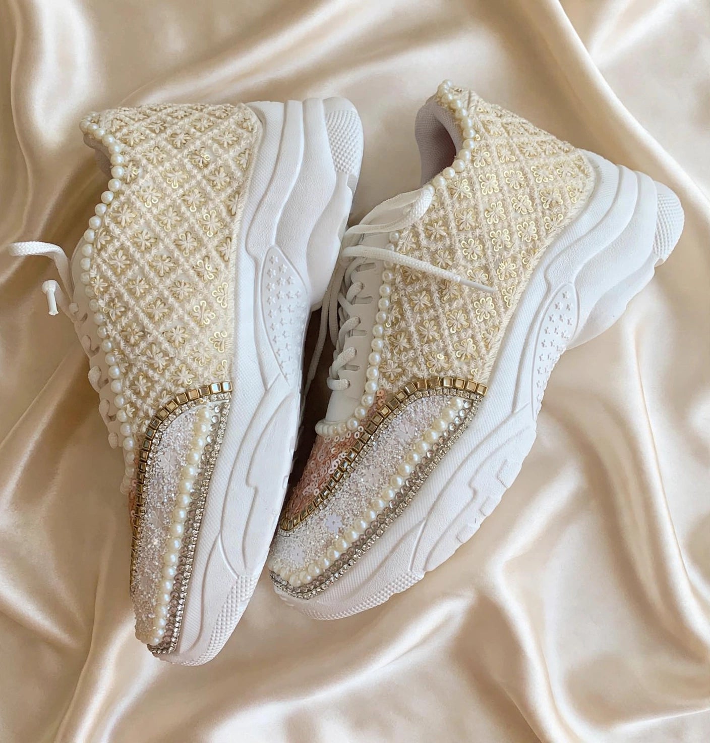 FUNKY N TRENDY ivory and tan peach sneakers with pearl detailing for brides / bridesmaids/ ivory sneakers / beige sneakers / tan peach shoes/ rose gold sneakers / rose gold shoes