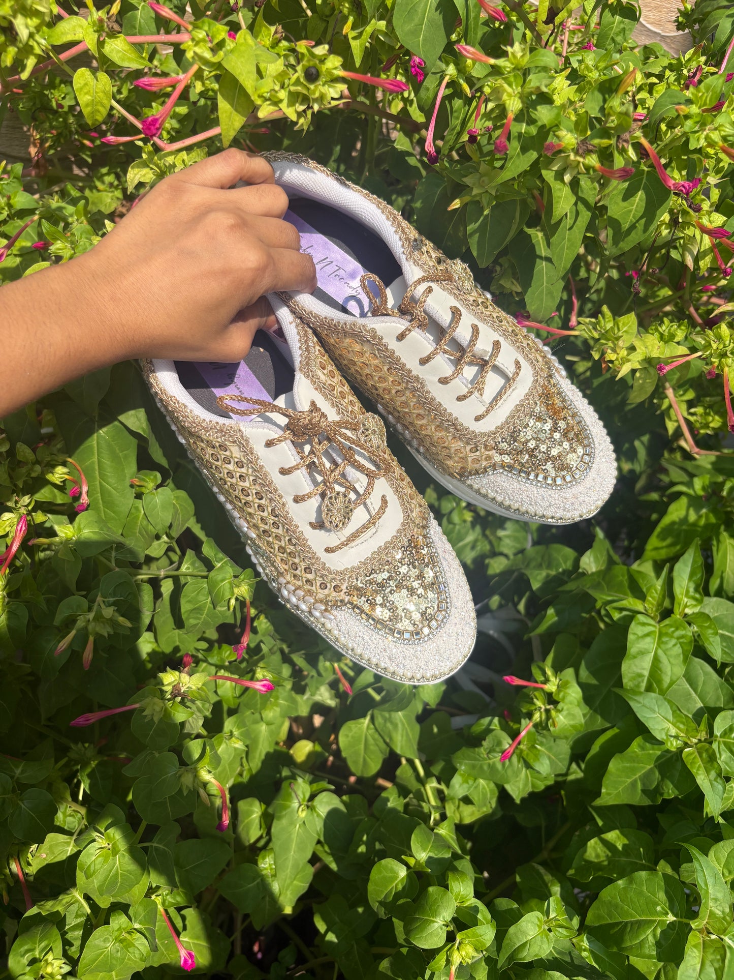 Funky N Trendy dull gold embroidered sequine work sneakers with mirror detailing / bridal sneakers/ sneaker for bride / white sneakers/ pearl sneakers for bride