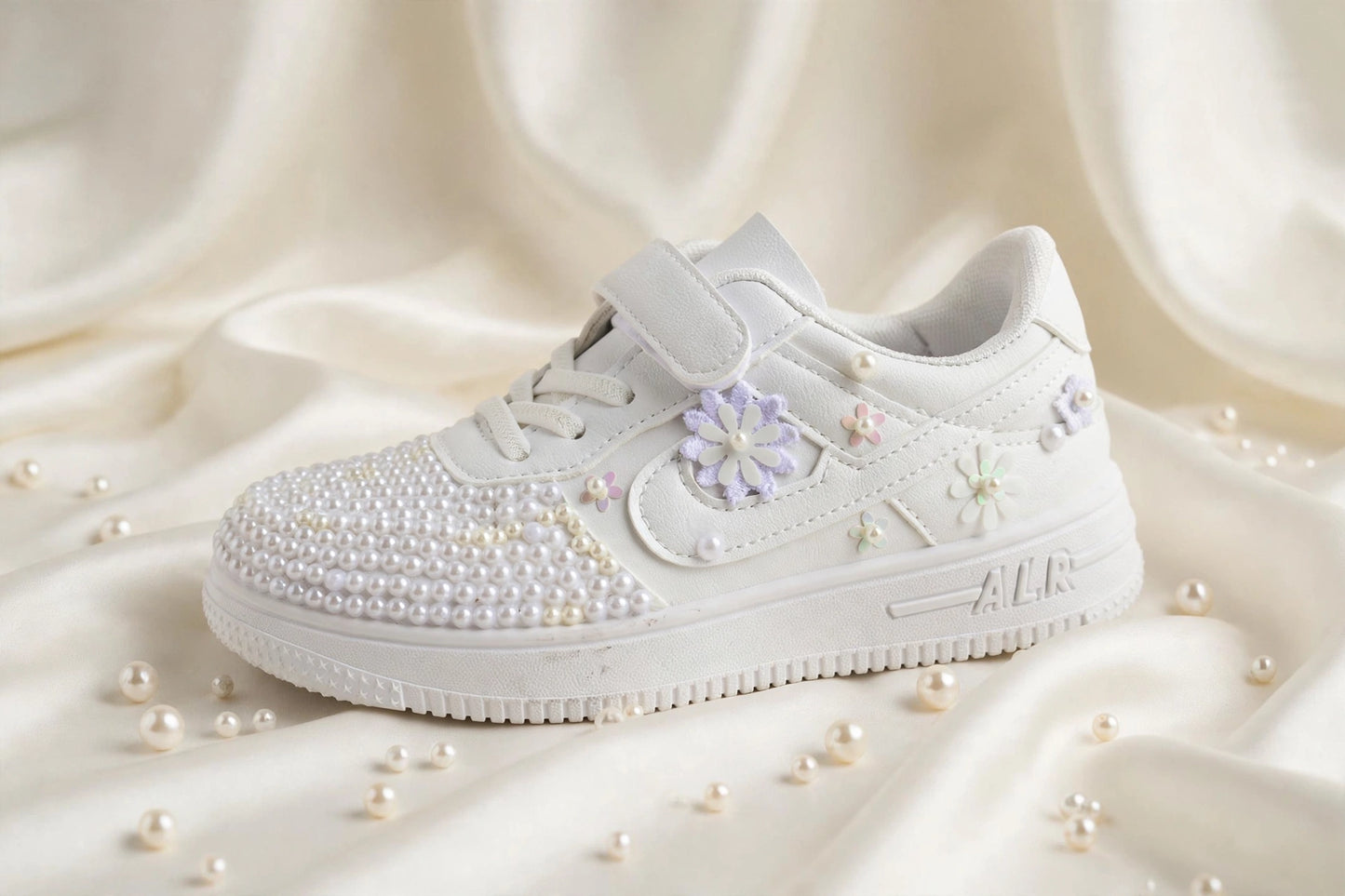 Funky N Trendy white floral sneakers/kids sneakers/ fliral shoes / kids shoes/ white sneakers / white pearl shoes for kids/handmade sneakers for kids