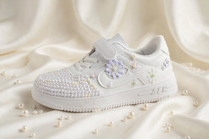 Funky N Trendy white floral sneakers/kids sneakers/ fliral shoes / kids shoes/ white sneakers / white pearl shoes for kids/handmade sneakers for kids