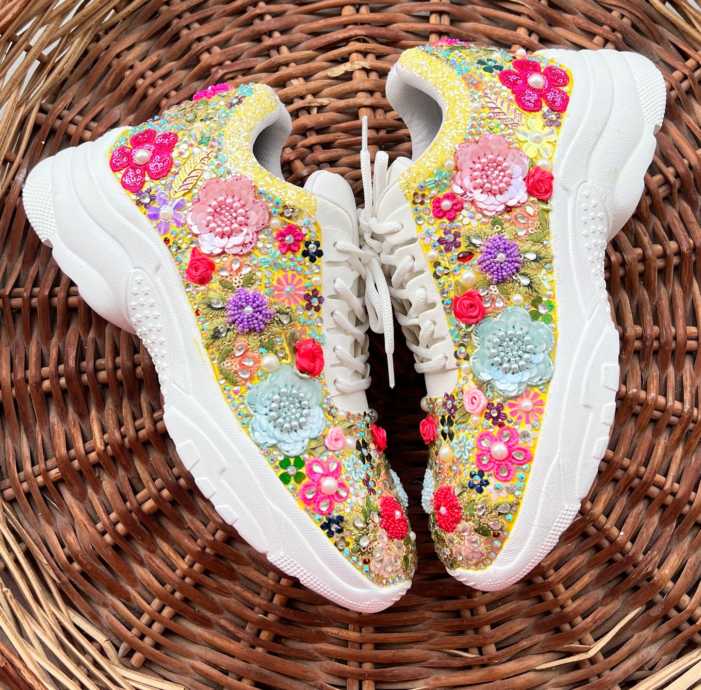 FUNKY N TRENDY “Yellow Pastel Garden Handcrafted Sneakers – Floral Magic”