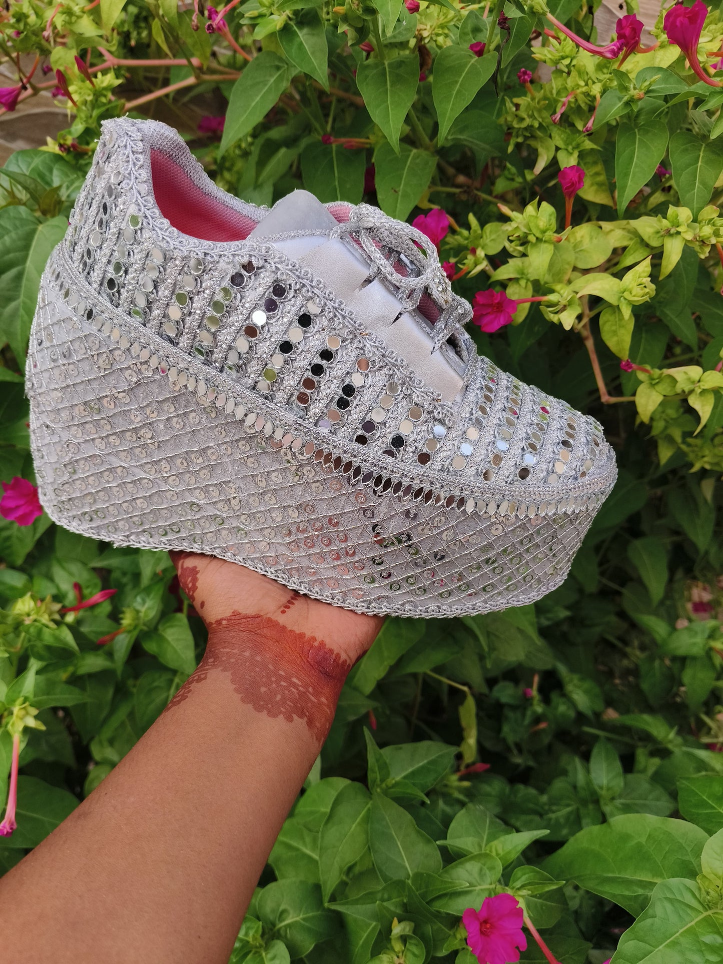 FUNKY N TRENDY Silver Mirror work sneakers - wedge sneakers heeled sneakers/ silver sneakers