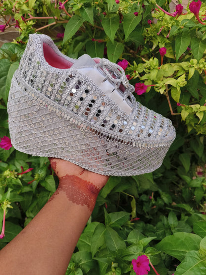 FUNKY N TRENDY Silver Mirror work sneakers - wedge sneakers heeled sneakers/ silver sneakers