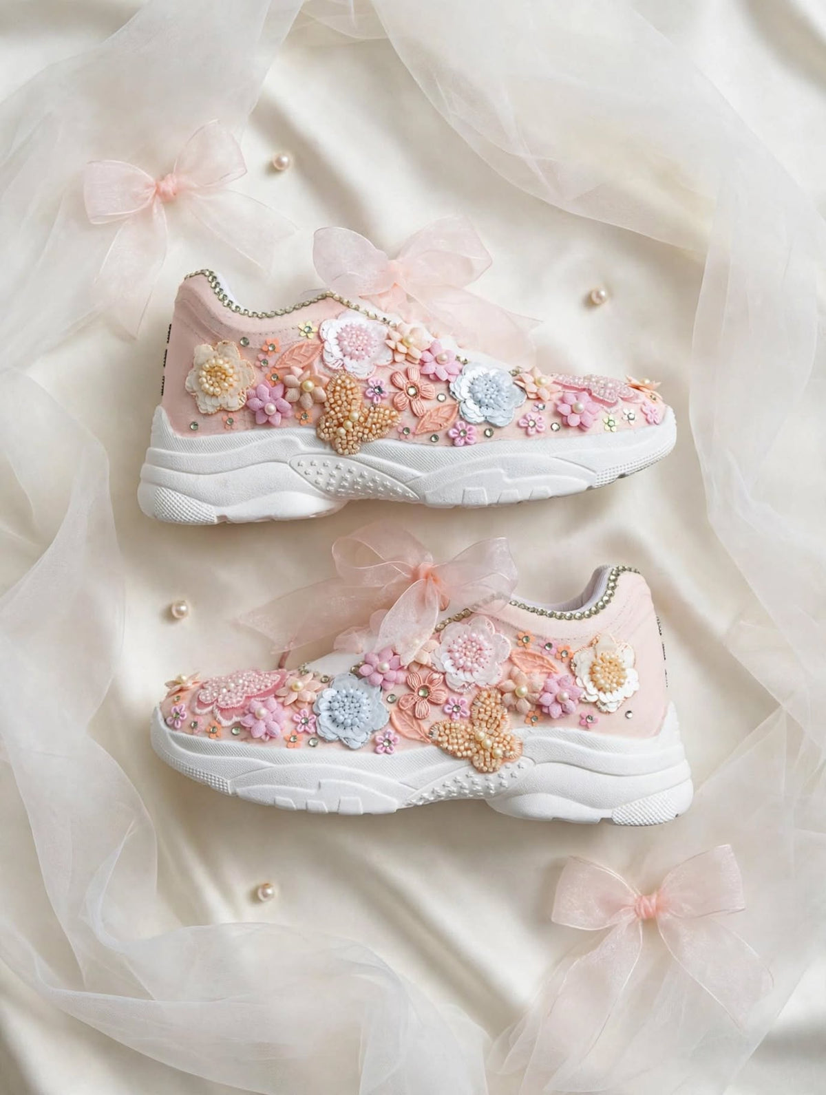 FUNKY N TRENDY peach/white/ blue floral butterfly theme sneakers with pearls detailing for brides / bridesmaids with custom couple name initials/ pink shoes / peach shoes