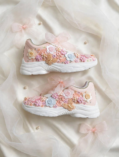 FUNKY N TRENDY peach/white/ blue floral butterfly theme sneakers with pearls detailing for brides / bridesmaids with custom couple name initials/ pink shoes / peach shoes