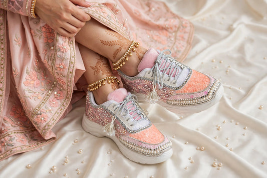 FUNKY N TRENDY peach/pink / pink embroidery sneakers with pearls detailing for brides / bridesmaid sneakers/ pink shoes / peach shoes/ bridal sneakers