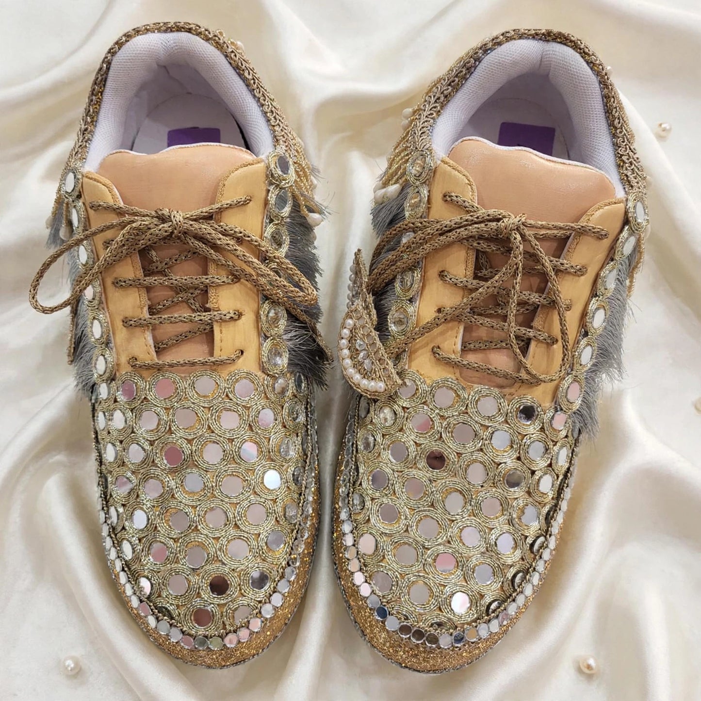 FUNKY N TRENDY dual theme gold silver sneakers for brides / silver sneakers for bridesmaids/ handcrafted sneakers/ golden sneakers / bridal sneakers / bridesmaid sneakers/ golden hand work sneakers