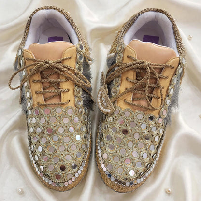 FUNKY N TRENDY dual theme gold silver sneakers for brides / silver sneakers for bridesmaids/ handcrafted sneakers/ golden sneakers / bridal sneakers / bridesmaid sneakers/ golden hand work sneakers