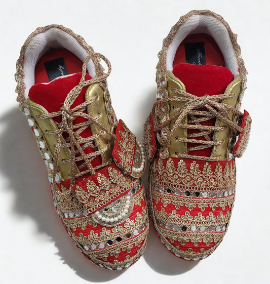FUNKY N TRENDY red and gold bridal sneakers / bridesmaid sneakers/ golden sneakers / gold sneakers / red shoes / red bridal sneakers / embroidered shoes / embroidered sneakers