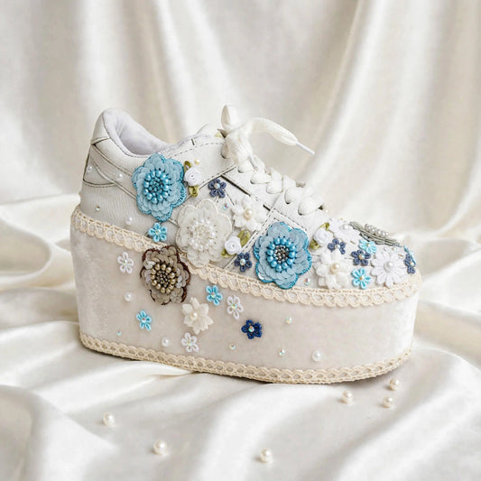 Princess Blue Floral Embroidered Platform Bridal Sneakers - White Wedding Sneakers for Bride
