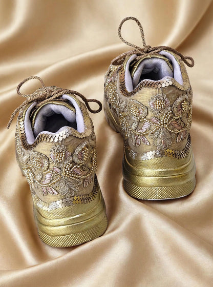 Funky N Trendy hand crafted golden bridal sneakers bridesmaid sneakers/ gold sneakers / golden sneakers / mirror sneakers/hand embroidered sneakers