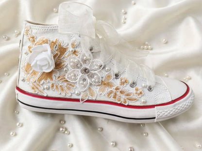 Customized Bridal Sneakers with Name initials / wedding date– Wedding Shoes for Bride/ white floral sneakers