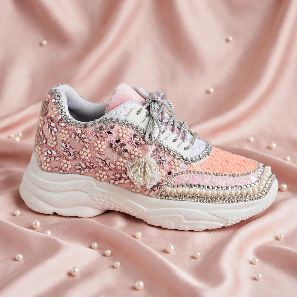 FUNKY N TRENDY peach/pink / pink embroidery sneakers with pearls detailing for brides / bridesmaid sneakers/ pink shoes / peach shoes/ bridal sneakers
