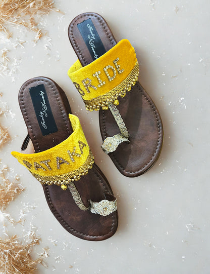 FUNKY N TRENDY Pataka Dulhan Heel Kolhapuri/ pataka dulhan heels/ yellow heels/ yellow kolhapuris/ heels for haldi ceremony/ haldi footwear