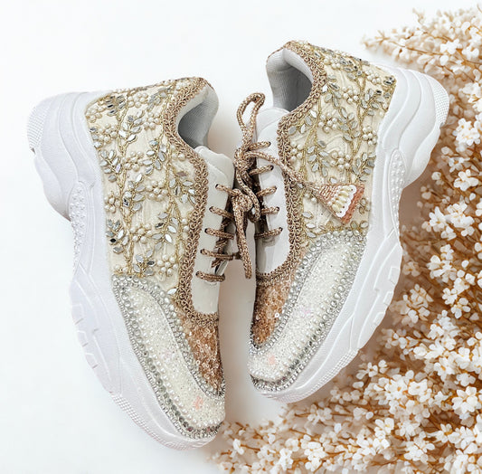 FUNKY N TRENDY rose gold/ tan peach/gold sneakers with pearl detailing for brides / bridesmaids/ ivory sneakers / beige sneakers / tan peach shoes/ rose gold sneakers / rose gold shoes
