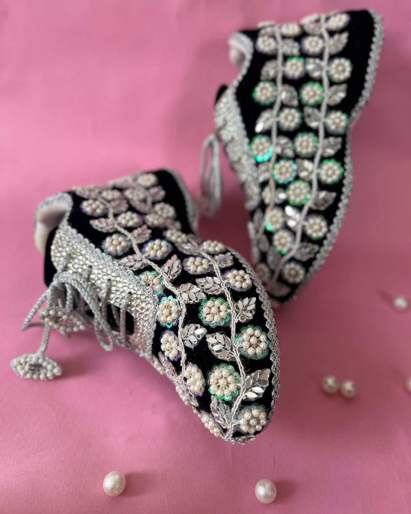 Funky N Trendy handcrafted hand embroidered mirror work bridal sneakers/ bridesmaid sneaker / black sneakers /black boho sneakers/ black shoes / women shoes