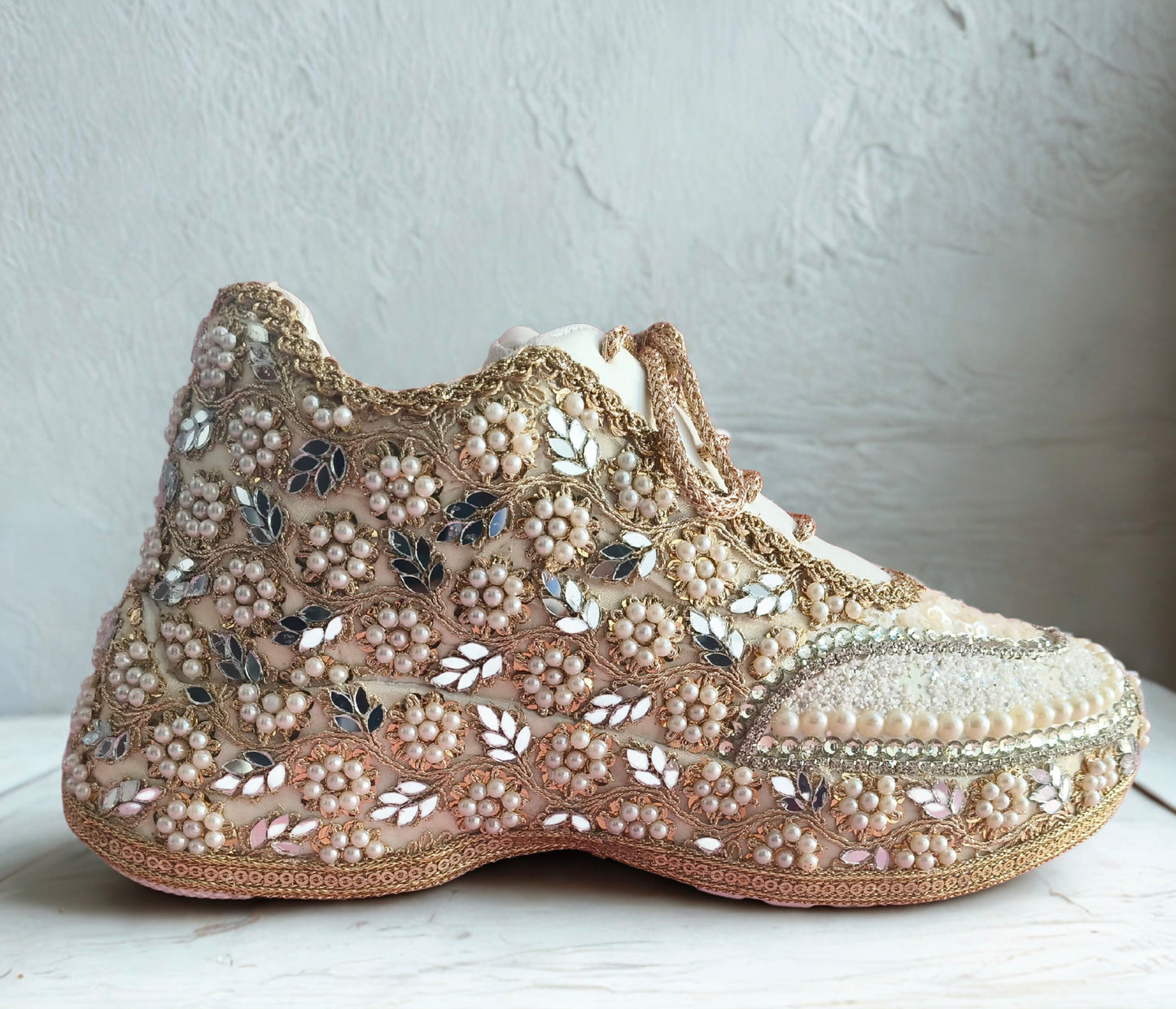 Mirror leaves Pearl blossom Dull gold/ beige Bridal Sneakers – Floral Embroidery” / gold sneakers /ivory sneakers/peach sneakers