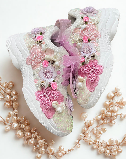 FUNKY N TRENDY pink /white/ purple lilac theme floral butterfly sneakers with shells pearls detailing for brides / bridesmaids with custom couple name initials/ pink shoes / purple shoes