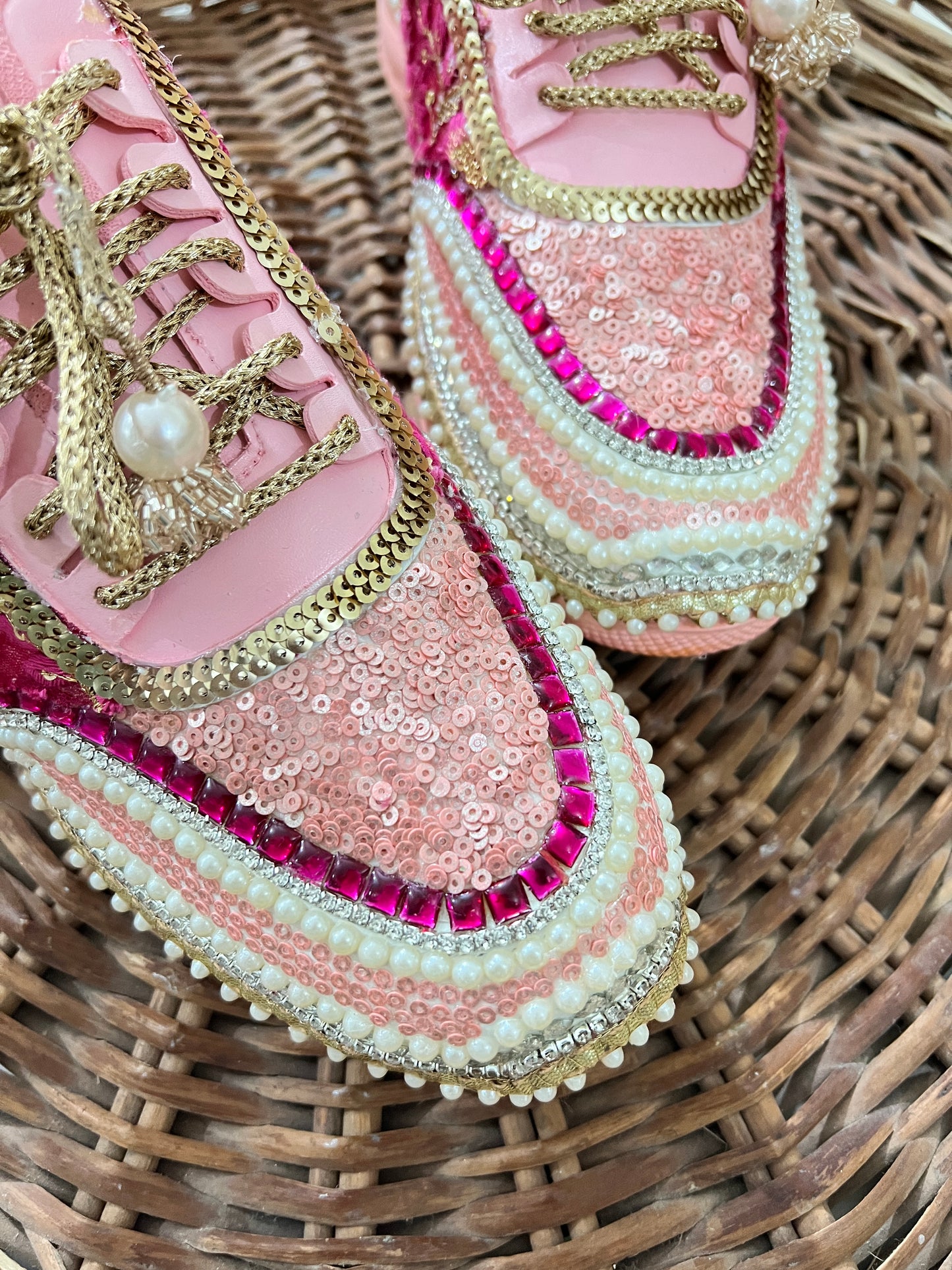 FUNKY N TRENDY peach/pink / pink embroidery sneakers with pearls detailing for brides / bridesmaids with custom couple name initials/ pink shoes / peach shoes/ rani color sneakers