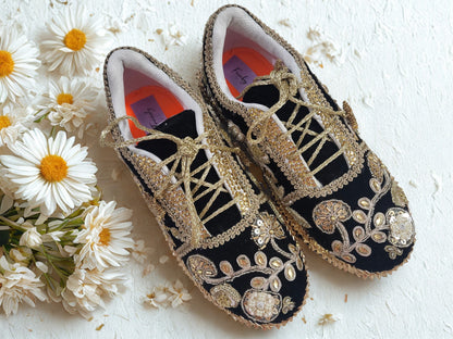 Funky N Trendy handcrafted hand embroidered cutdana work bridal sneakers/ bridesmaid sneaker / black sneakers /black boho sneakers/ black shoes/ unisex shoes / men shoes / women shoes