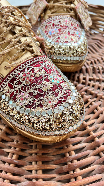 Funky N Trendy Maroon & Gold embroidery work bridal sneakers/ bridesmaid sneaker / golden sneakers/ Maroon sneakers / gold shoes