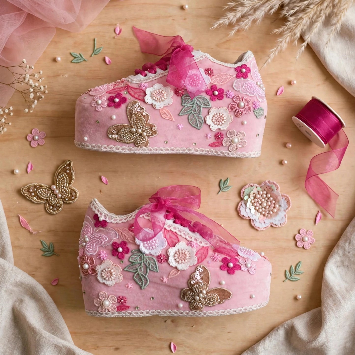 FUNKY N TRENDY Hand embroidered floral theme sneakers - wedge sneakers heeled sneakers/pink sneakers