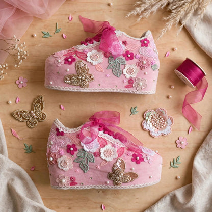 FUNKY N TRENDY Hand embroidered floral theme sneakers - wedge sneakers heeled sneakers/pink sneakers