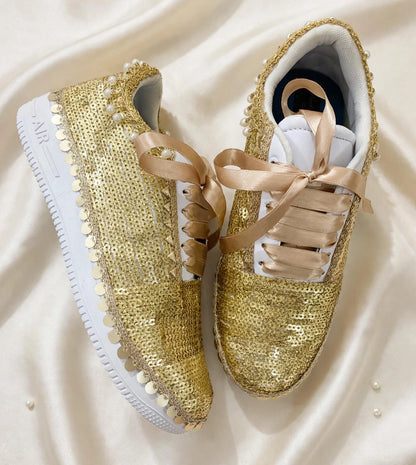 FUNKY N TRENDY handcrafted golden sequine work bridal sneakers / bridesmaid sneakers/ gold sneakers / golden sneakers / sequine work sneakers / gold shoes