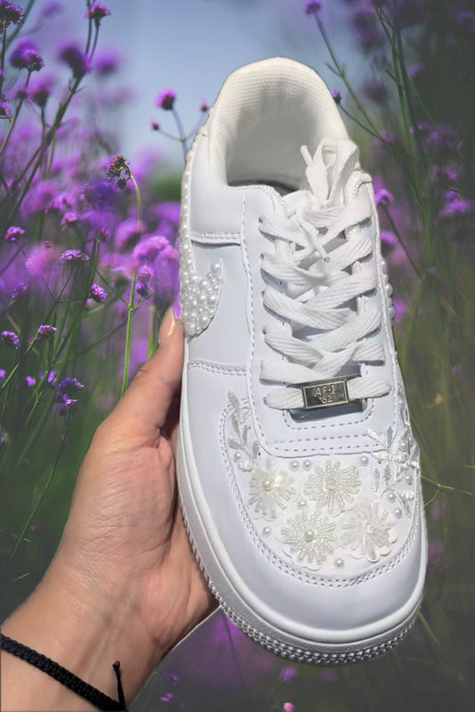 Funky N Trendy white pearl work sneakers with floral detailing / bridal sneakers/ sneaker for bride / white sneakers/ pearl sneakers for bride/ name initials/ wedding date is customizable