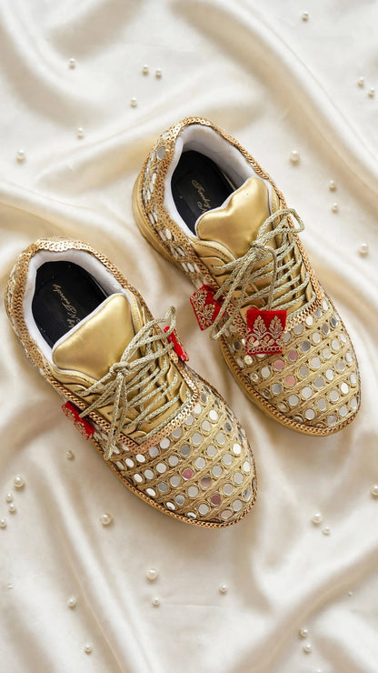 FUNKY N TRENDY gold mirror heeled sneakers for brides and bridesmaids