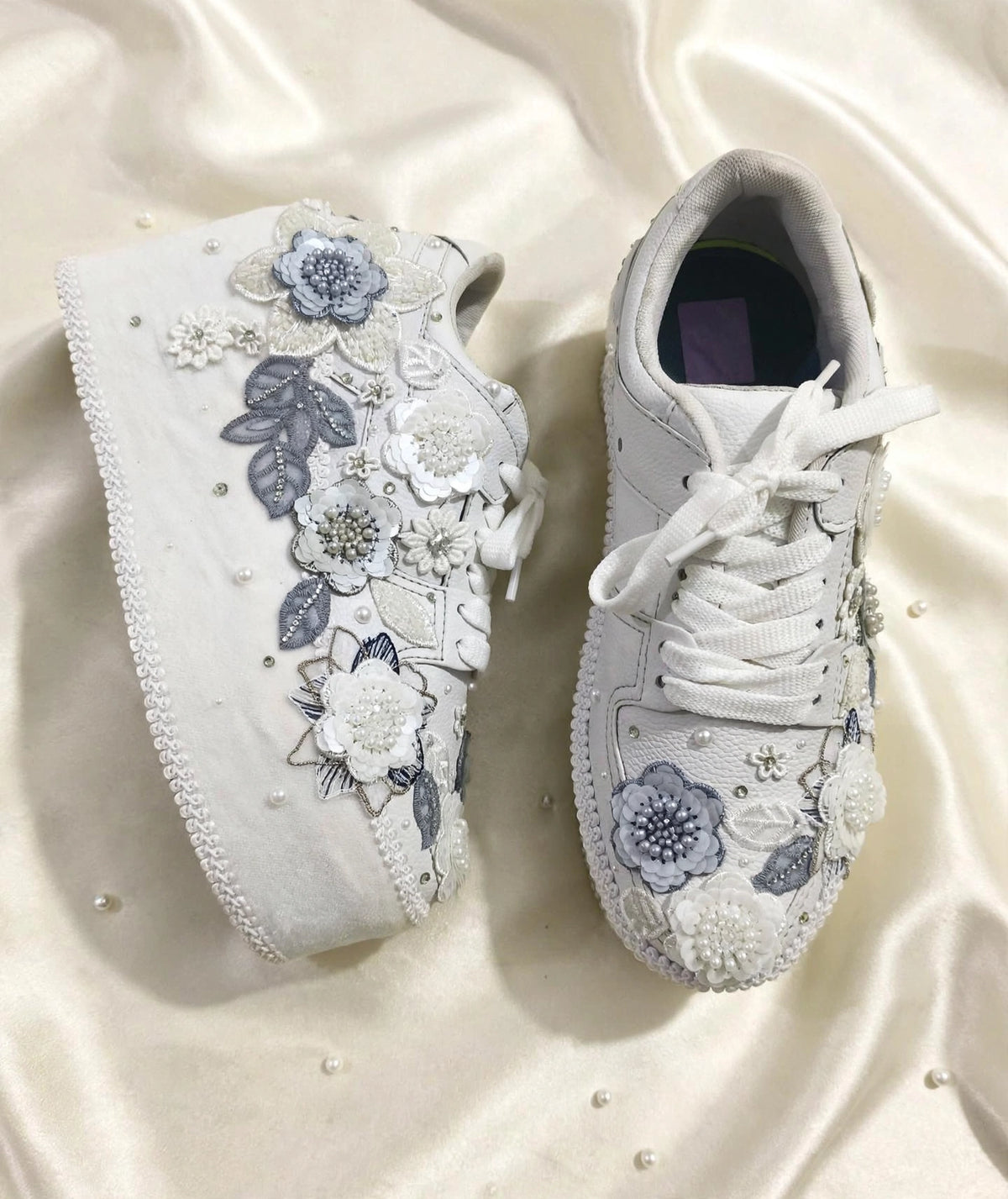 Customized White and Gray garden Bridal Sneakers with Name initials / wedding date– Wedding Shoes for Bride/ white sneakers