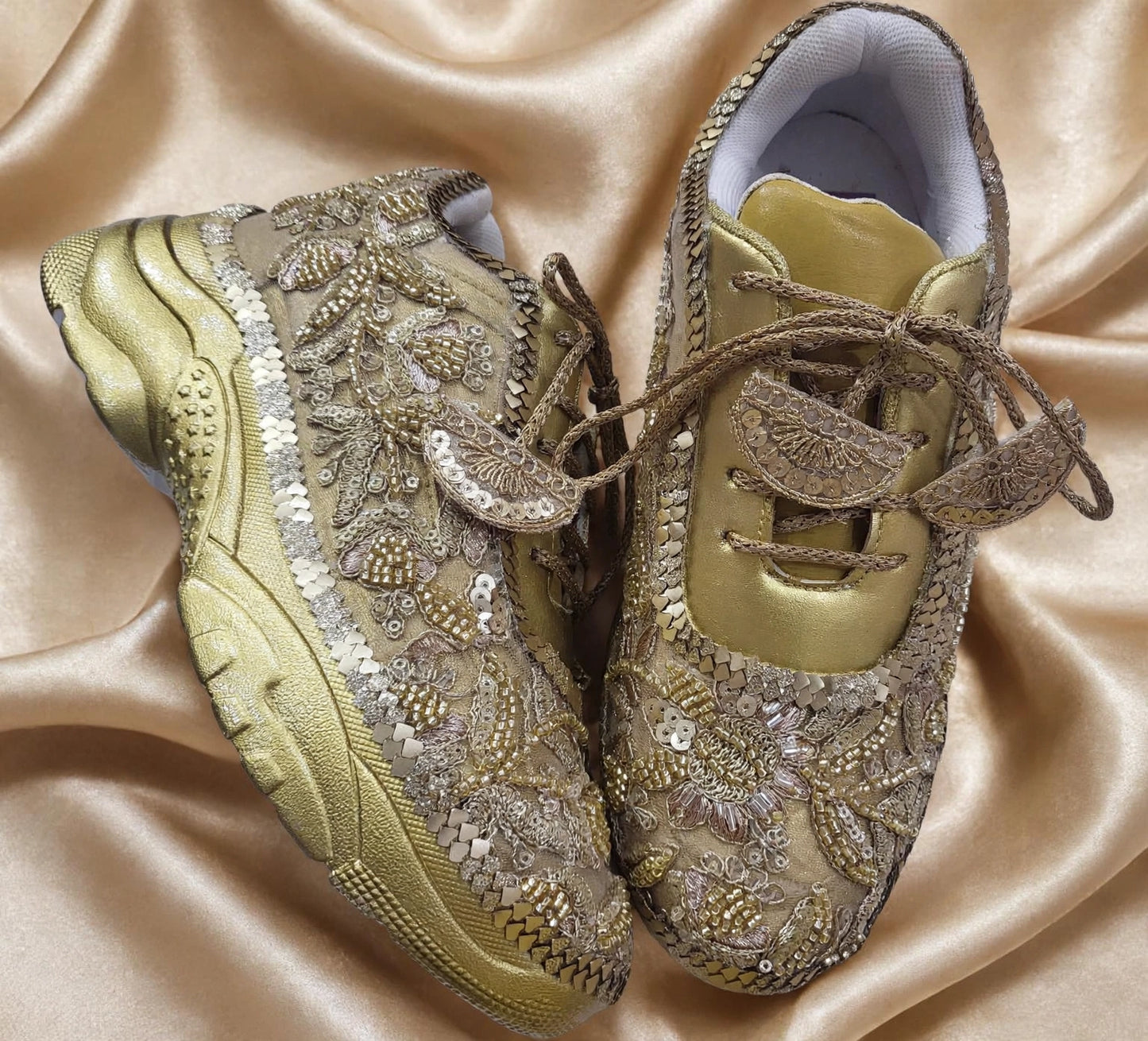 Funky N Trendy hand crafted golden bridal sneakers bridesmaid sneakers/ gold sneakers / golden sneakers / mirror sneakers/hand embroidered sneakers
