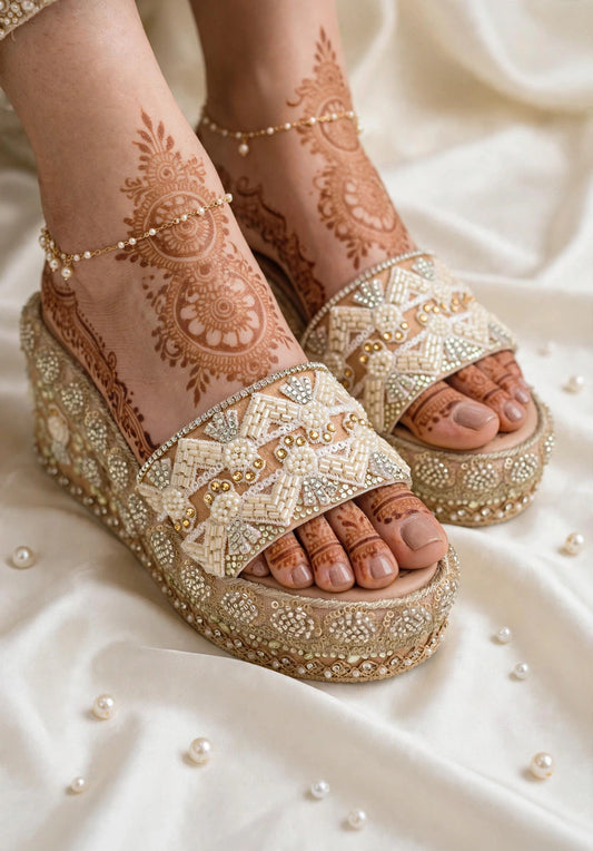 Handcrafted Bridal Embroidered Wedges - Beige / ivory