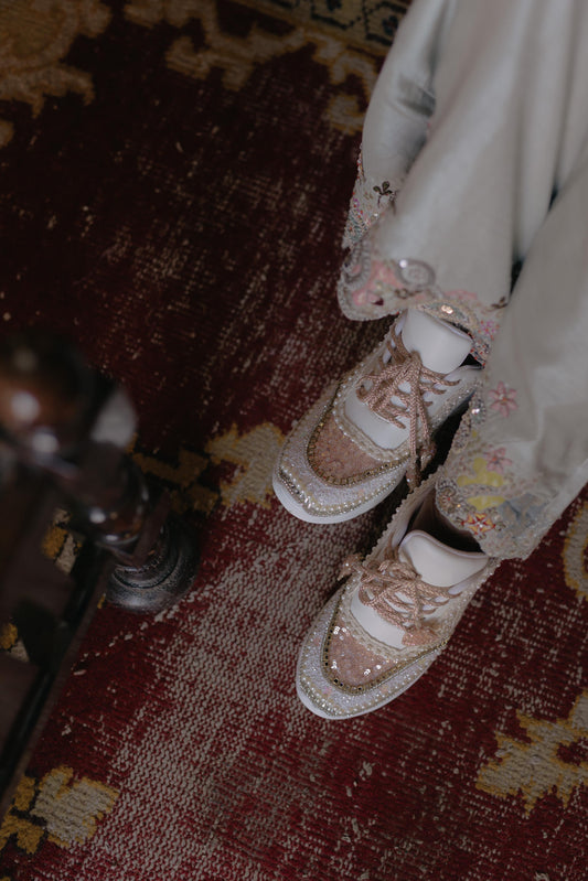 FUNKY N TRENDY tan peach with ivory color hand work sneakers for brides / bridesmaids/ rose gold sneakers / rose gold shoes