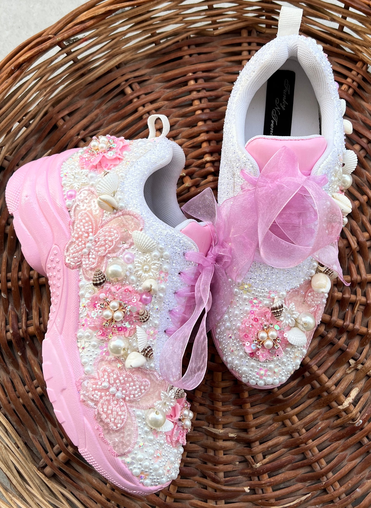 FUNKY N TRENDY pink/white floral butterfly theme sneakers with shells pearls detailing for brides / bridesmaids / bridal sneakers / bridesmaid sneakers / bridal shoes/ pink shoes / pink sneakers/ cocktail sneakers