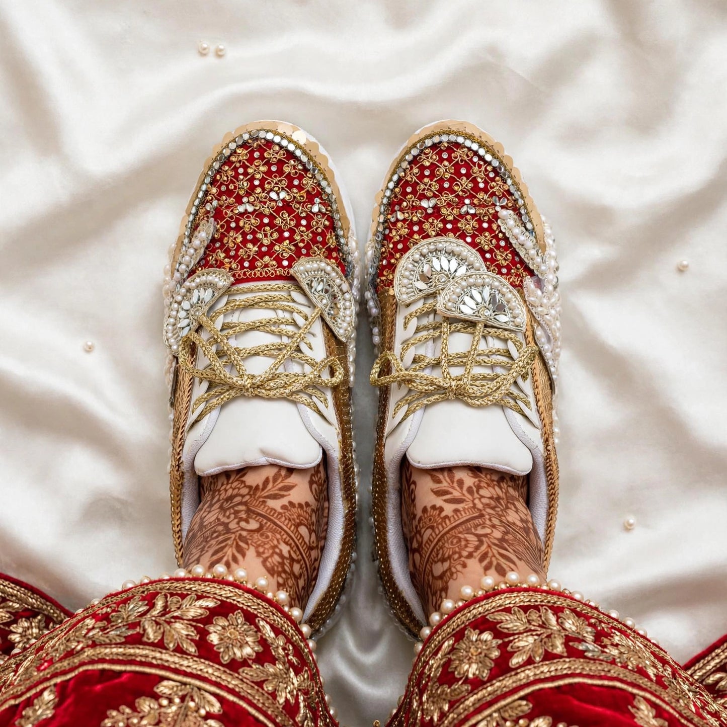 Red & Gold Sequin Bridal Sneakers | Pearl Embellished Wedding Sneakers