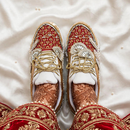 Red & Gold Sequin Bridal Sneakers | Pearl Embellished Wedding Sneakers