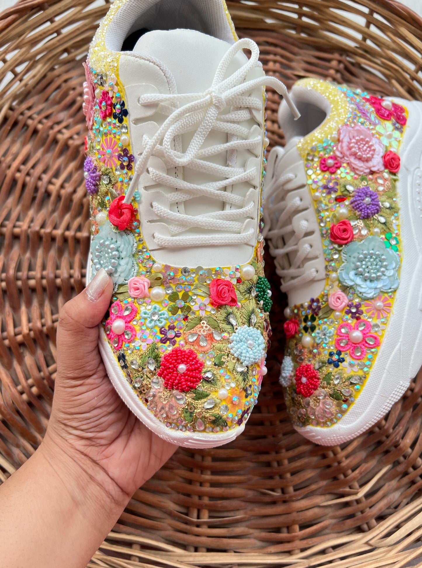 FUNKY N TRENDY “Yellow Pastel Garden Handcrafted Sneakers – Floral Magic”