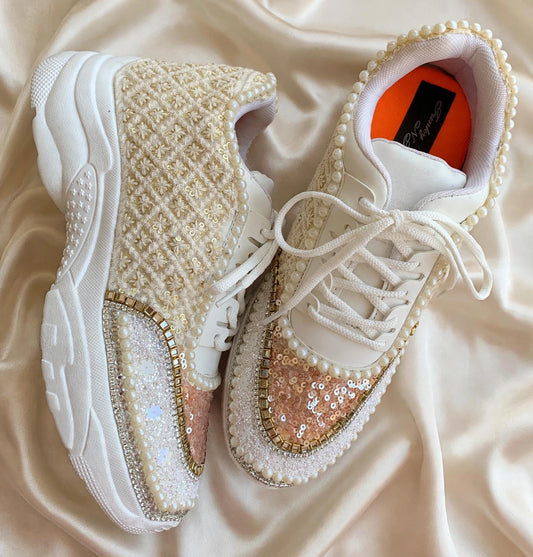 FUNKY N TRENDY ivory and tan peach sneakers with pearl detailing for brides / bridesmaids/ ivory sneakers / beige sneakers / tan peach shoes/ rose gold sneakers / rose gold shoes