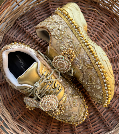 FUNKY N TRENDY golden mirror pearl and sequine work bridal sneakers / bridesmaid sneakers/ gold sneakers / golden sneakers/ ghungaroo sneakers / ghungaroo shoes