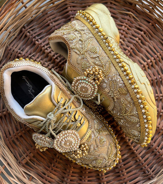 FUNKY N TRENDY golden mirror pearl and sequine work bridal sneakers / bridesmaid sneakers/ gold sneakers / golden sneakers/ ghungaroo sneakers / ghungaroo shoes