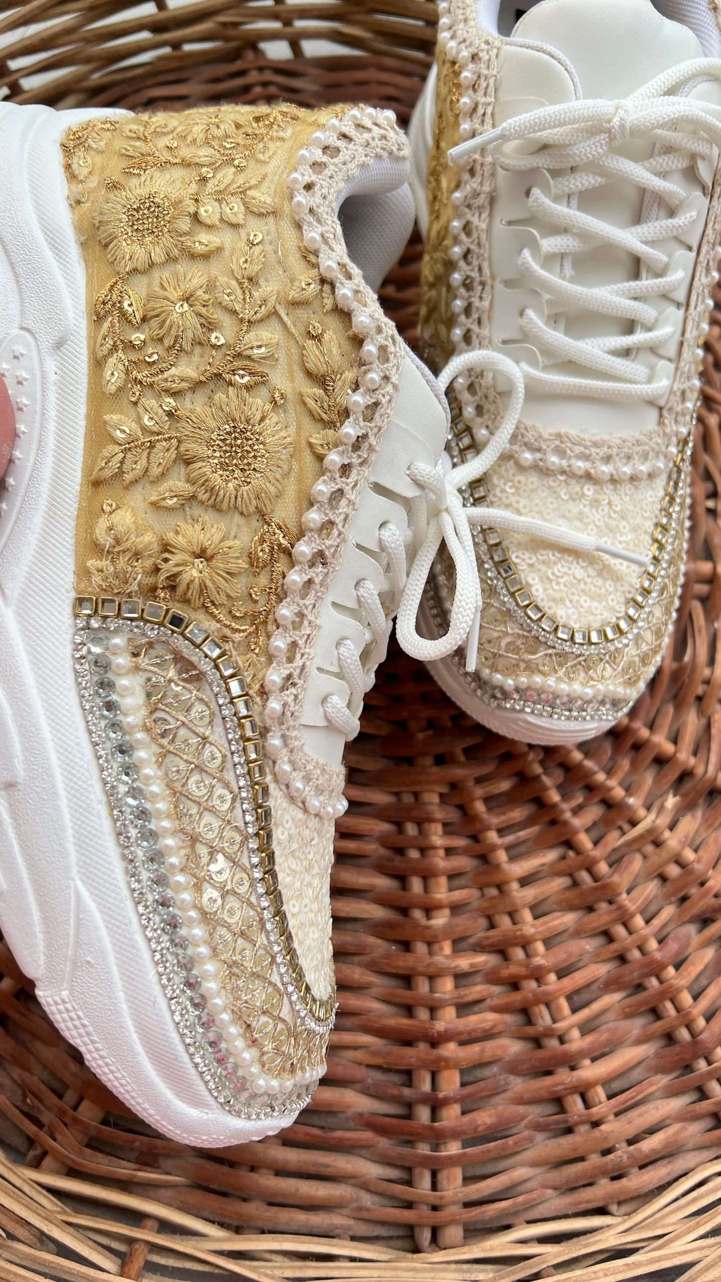 Funky N Trendy ivory / off white embroidery work bridal sneakers/ bridesmaid sneaker / hancrafted sneakers / gold sneakers / golden sneakers