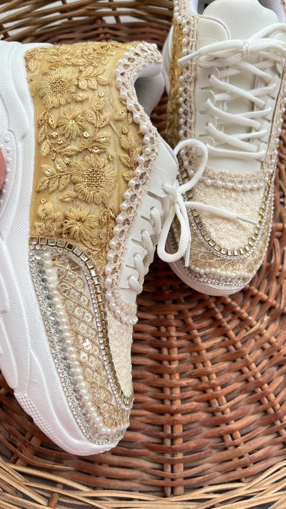 Funky N Trendy ivory / off white embroidery work bridal sneakers/ bridesmaid sneaker / hancrafted sneakers / gold sneakers / golden sneakers