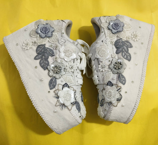 Customized White and Gray garden Bridal Sneakers with Name initials / wedding date– Wedding Shoes for Bride/ white sneakers